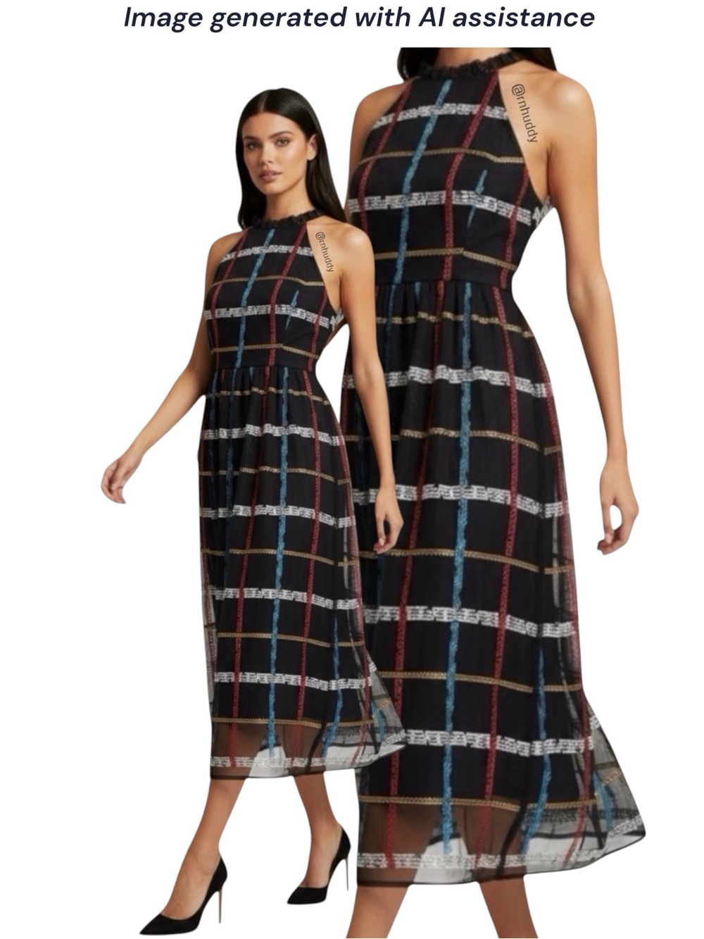 Nicole Miller New York size 12 black embroidered mesh plaid halter midi dress